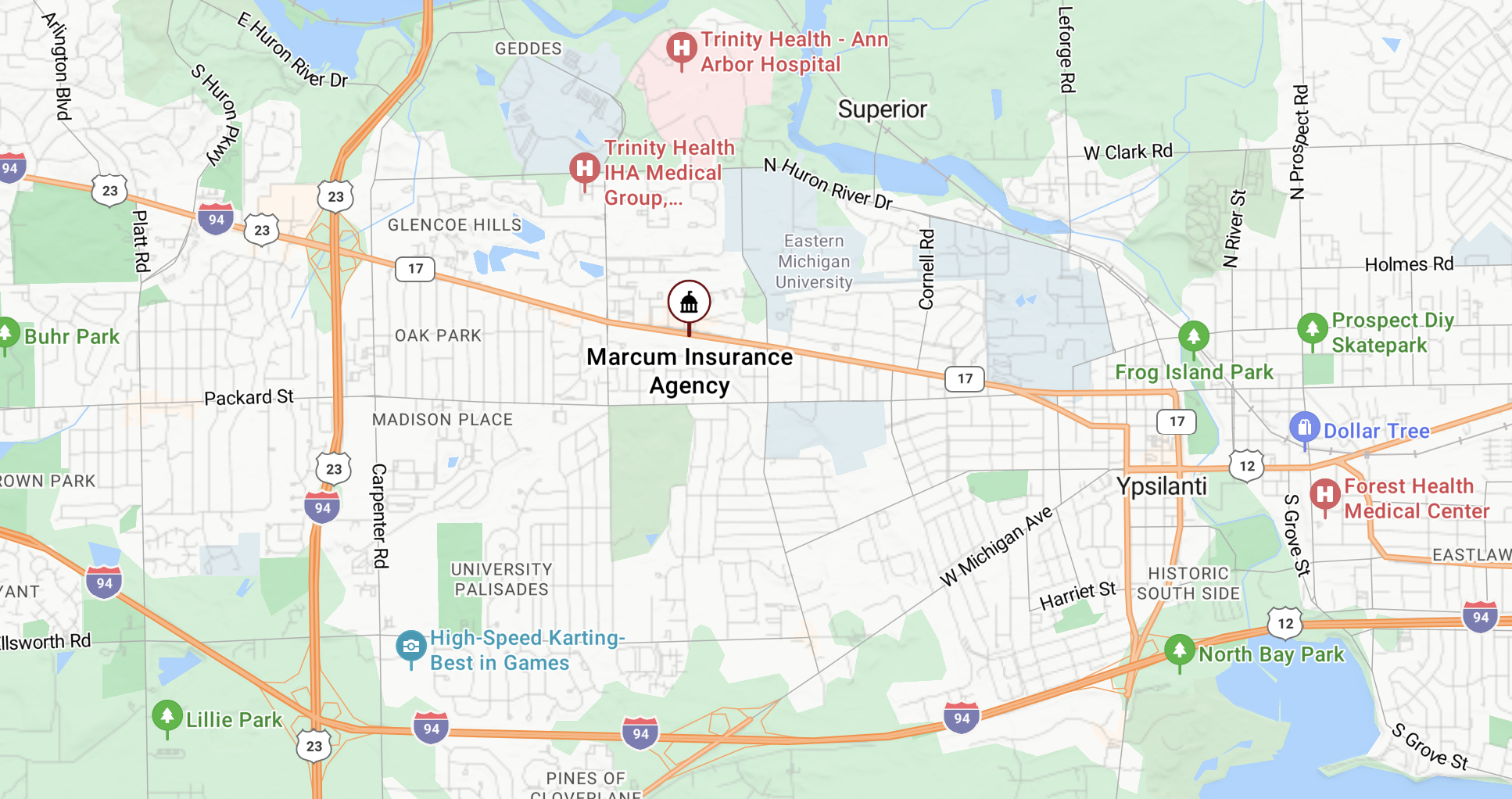 Map showing Marcum Insurance location at 2701 Washtenaw Ave, Ypsilanti, MI 48197 - Click to open in Google Maps